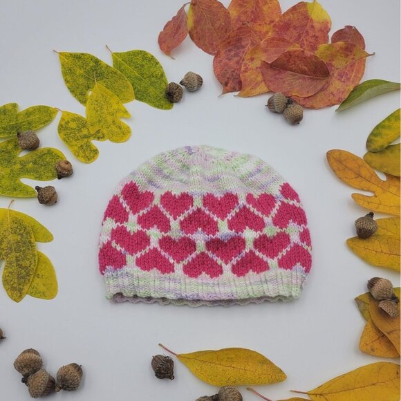 Hand Knit Handmade Hat Toddler 12m - 2T Girl Beanie Pink Hearts KT013 - Picture 1 of 6